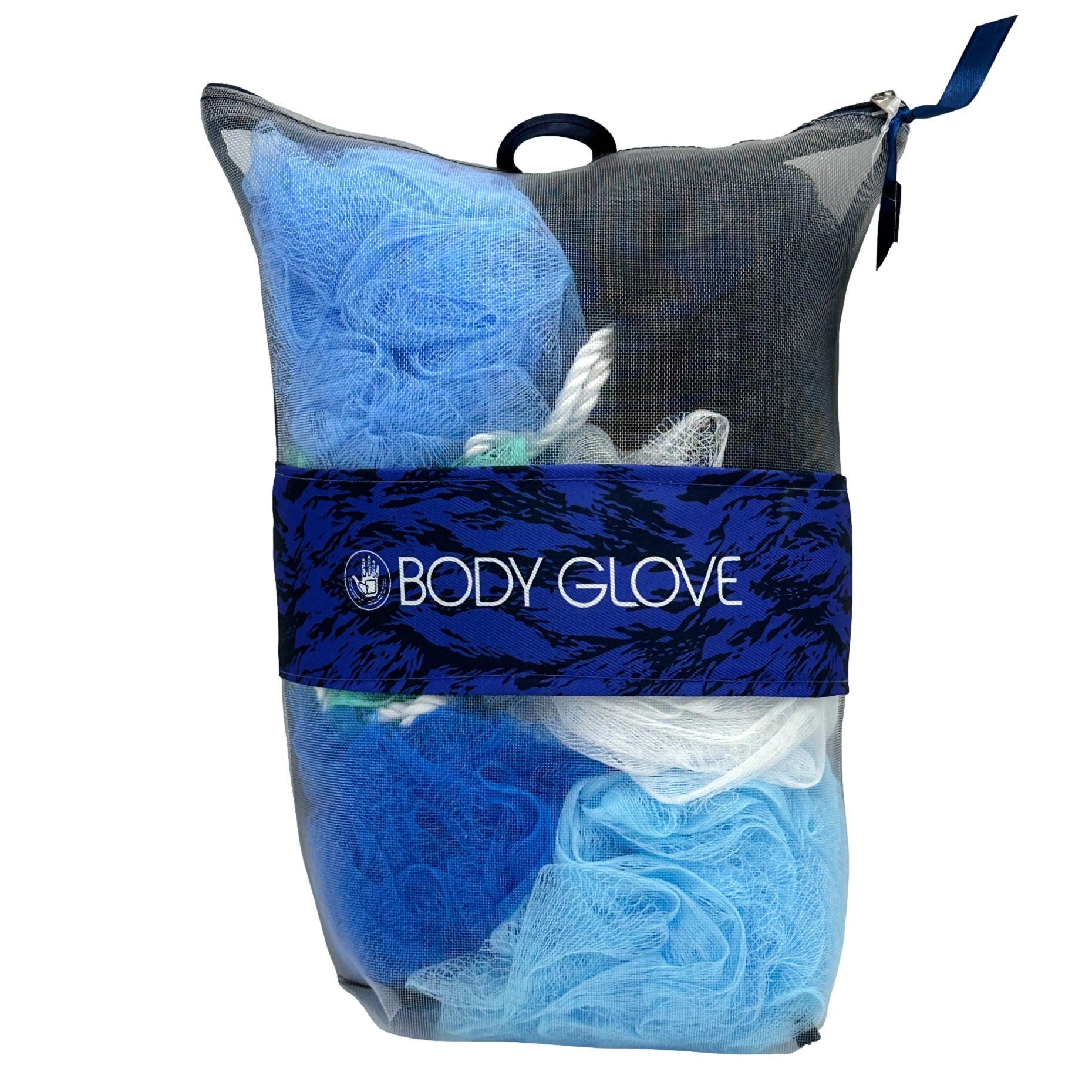 A package of Body Glove bath sponges in a mesh bag.